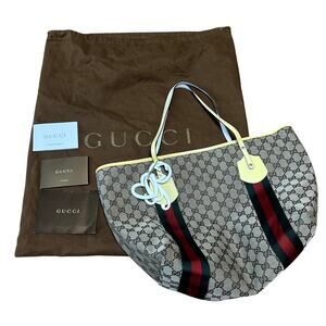 Gucci GG Canvas Jolie Webb Charm Tote Bag AOP Logo Tan Red Green Cream Vtg 2009